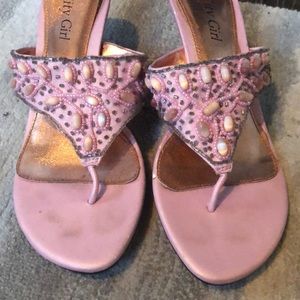 Pink beaded slip on heels